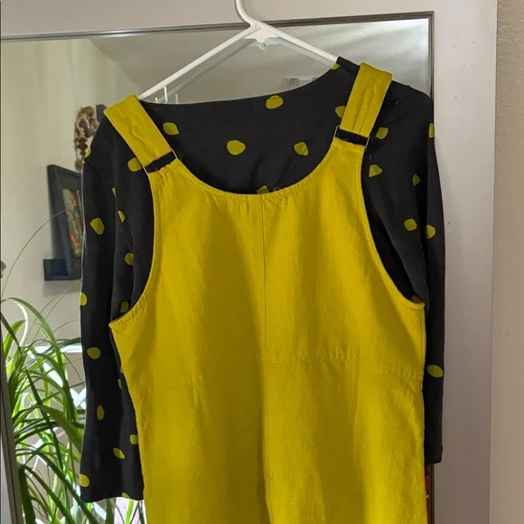Gudrun Sjoden Yellow Midi Dress with Black Polka Dot Sleeves - Picture 2 of 5